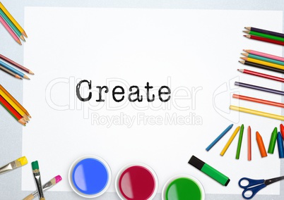 Text create with water colors and coloring pencil on white background