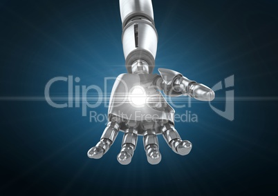 Robot hand with white light  against blue background