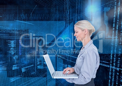 Businesswoman using laptop against binary codes in blue background