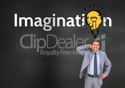 Thoughtful businessman standing with imagination text in background