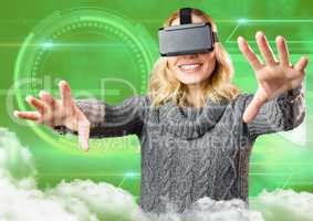 Woman using virtual reality headset against digitally generated background