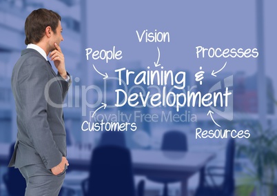 Businessman looking at training and development concepts against conference room in background