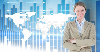Portrait of smiling businesswoman standing with arms crossed against map background