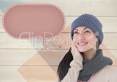 Smiling woman with blank speech bubble against wooden background