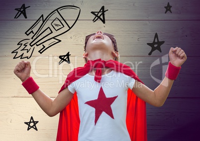 Digital composite image of boy wearing superhero costume