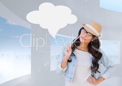 Thoughtful woman with blank speech bubble