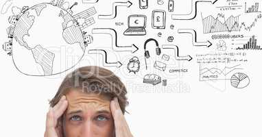 Man with various business graphics icon over head