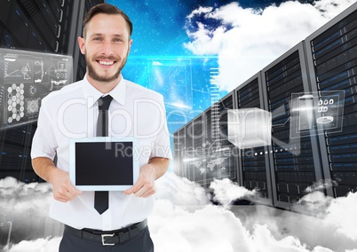 Man holding using digital tablet against data base center in background