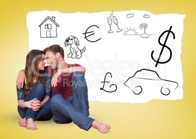 Couple looking face to face with hand drawn graphics in background