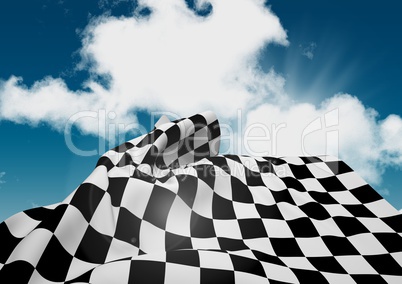 Checkered flag waving against cloudy sky