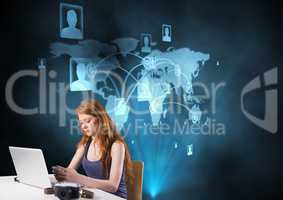 Digital composite image of woman using mobile phone on desk