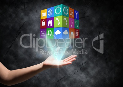 Woman hand and application icons against black background