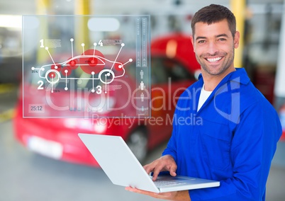 Portrait of a happy automobile mechanic holding laptop and mechanic interface