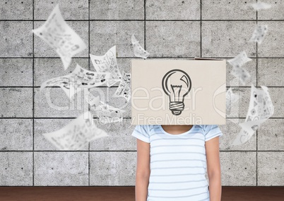 Woman covered her face with a cardboard box showing light bulb