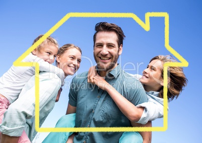 Family with home outline against blue background