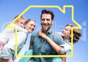 Family with home outline against blue background