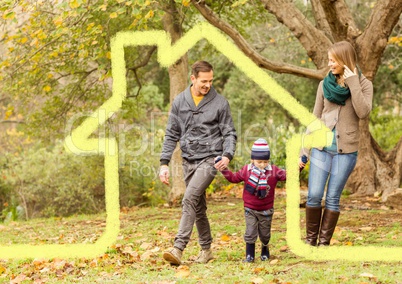Family walking in the forest with home outline