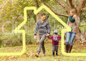 Family walking in the forest with home outline