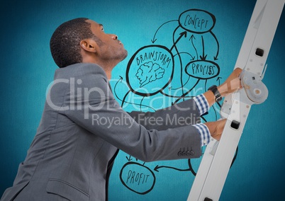 Businessman climbing the ladder against business process concept in background