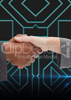 Business executives shaking hands against digitally generated background