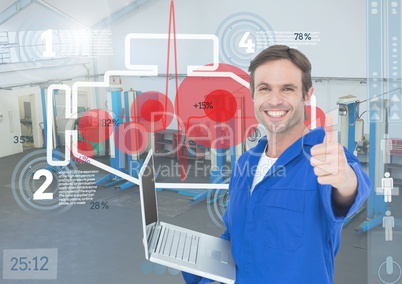 Mechanic holding a laptop and showing thumbs up