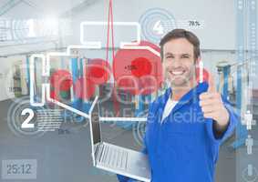 Mechanic holding a laptop and showing thumbs up