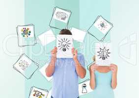 Man and woman covering their face with paper