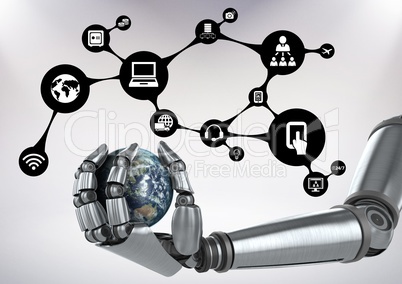 Robot holding globe with digital lifestyle concept against white background