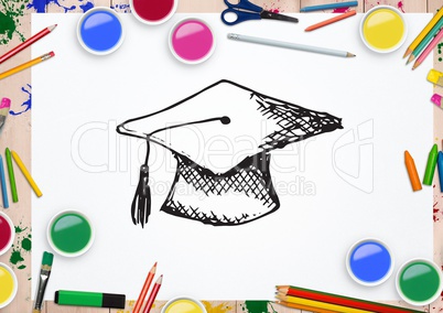 Hand drawn mortarboard with water colors and coloring pencil on white background