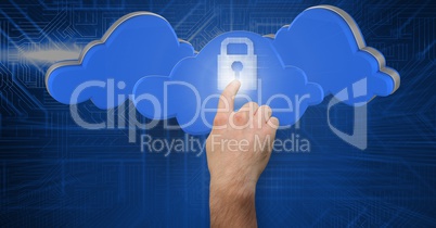 Man hand touching futuristic lock pad with cloud interface in background