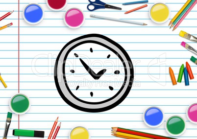 Drawn clock shape on paper with color pencils