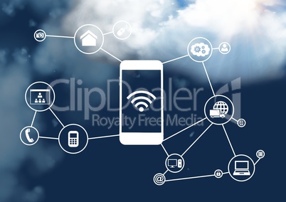 Mobile phone and connecting icons with cloud in sky