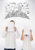 Man and woman holding blank white papers in front of their face and graphic on background