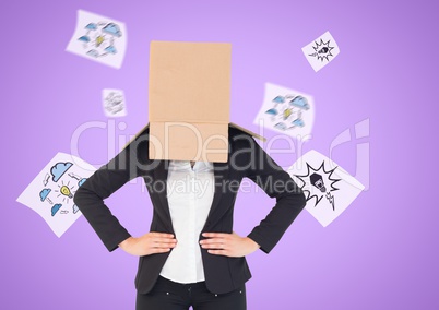 Businesswoman with her face covered with cardboard box standing against innovation concepts in backg