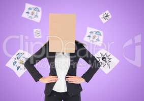 Businesswoman with her face covered with cardboard box standing against innovation concepts in backg