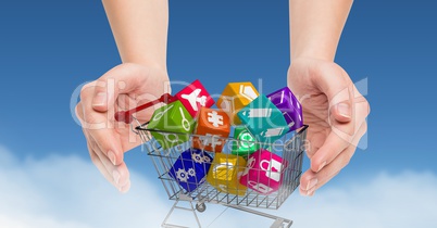 Hands pretending to hold a trolley with application icons