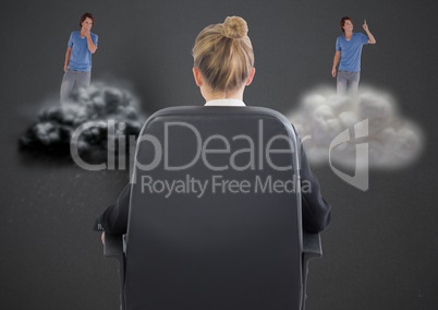 Businesswoman sitting on chair against man on clouds in background