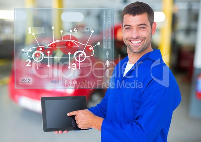 Mechanic using digital tablet against car mechanics interface in background