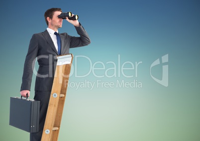 Businessman standing on success ladder and looking through binoculars against sky