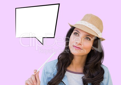 Businesswoman with blank speech bubble against purple background