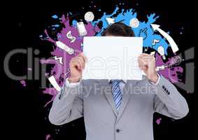 Businessman holding a blank placard in front of his face against various graphic icons