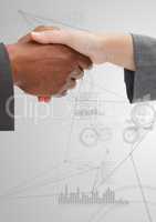 Business professionals shaking hands against technology Background