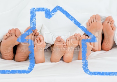 Family sleeping together with house outline