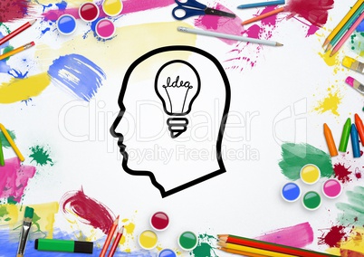 Hand drawn head with light bulb and various water colors pencil on white background