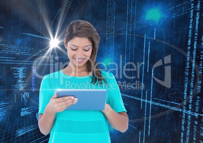 Woman using digital tablet against binary code interface