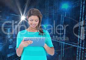 Woman using digital tablet against binary code interface