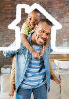 Man carrying his son on his shoulder against house outline in background