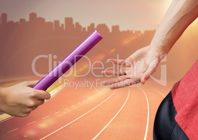 Digital composite image of hands passing the baton