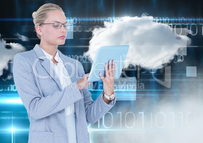Businesswoman using digital tablet with cloud and binary codes in background