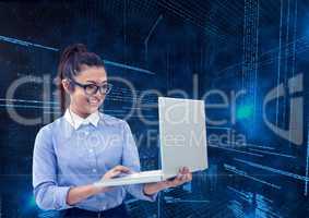 Businesswoman using laptop with binary codes in background